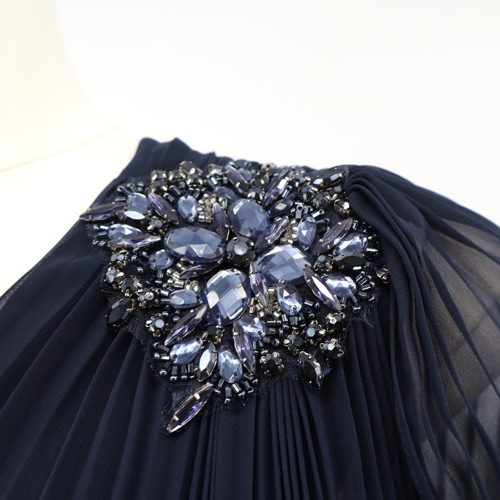 Xscape Sz 6 One Shoulder Pleated Bejeweled Lined Sheer Mini Dress Navy - Picture 4 of 6
